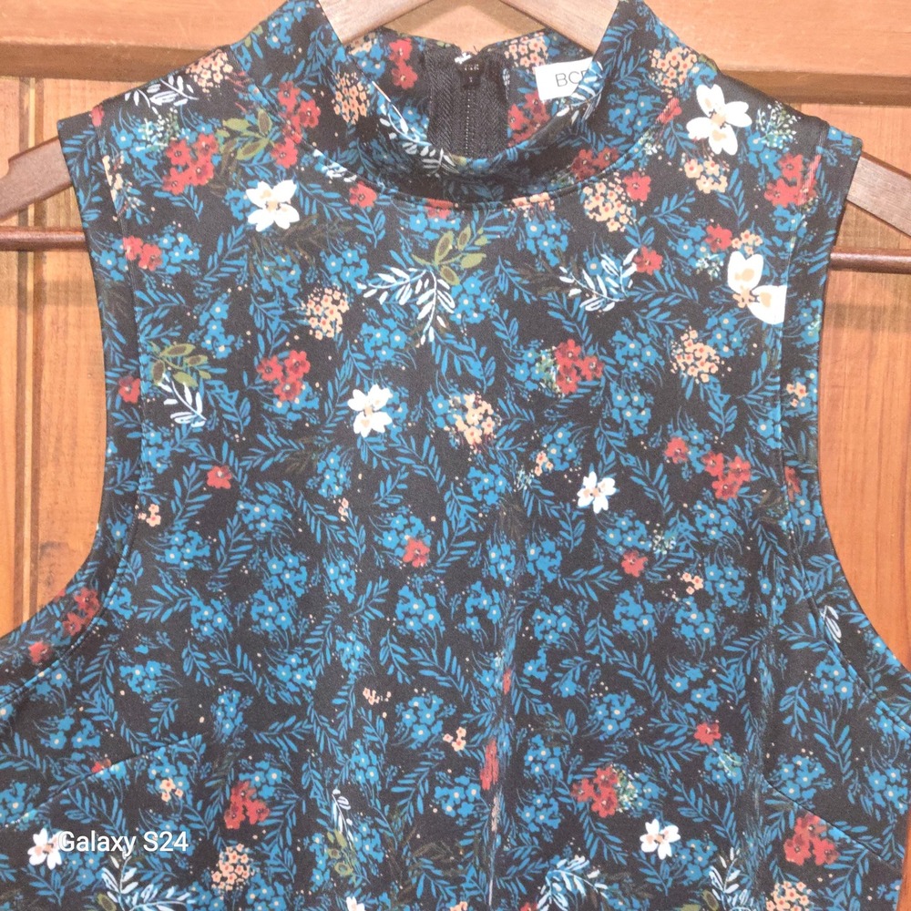 BCBGeneration Floral Mock Neck Sleeveless Shift Mini Dress Black Blue Multi